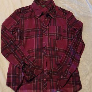 Guess Plaid Semi-Sheer Button Down Blouse